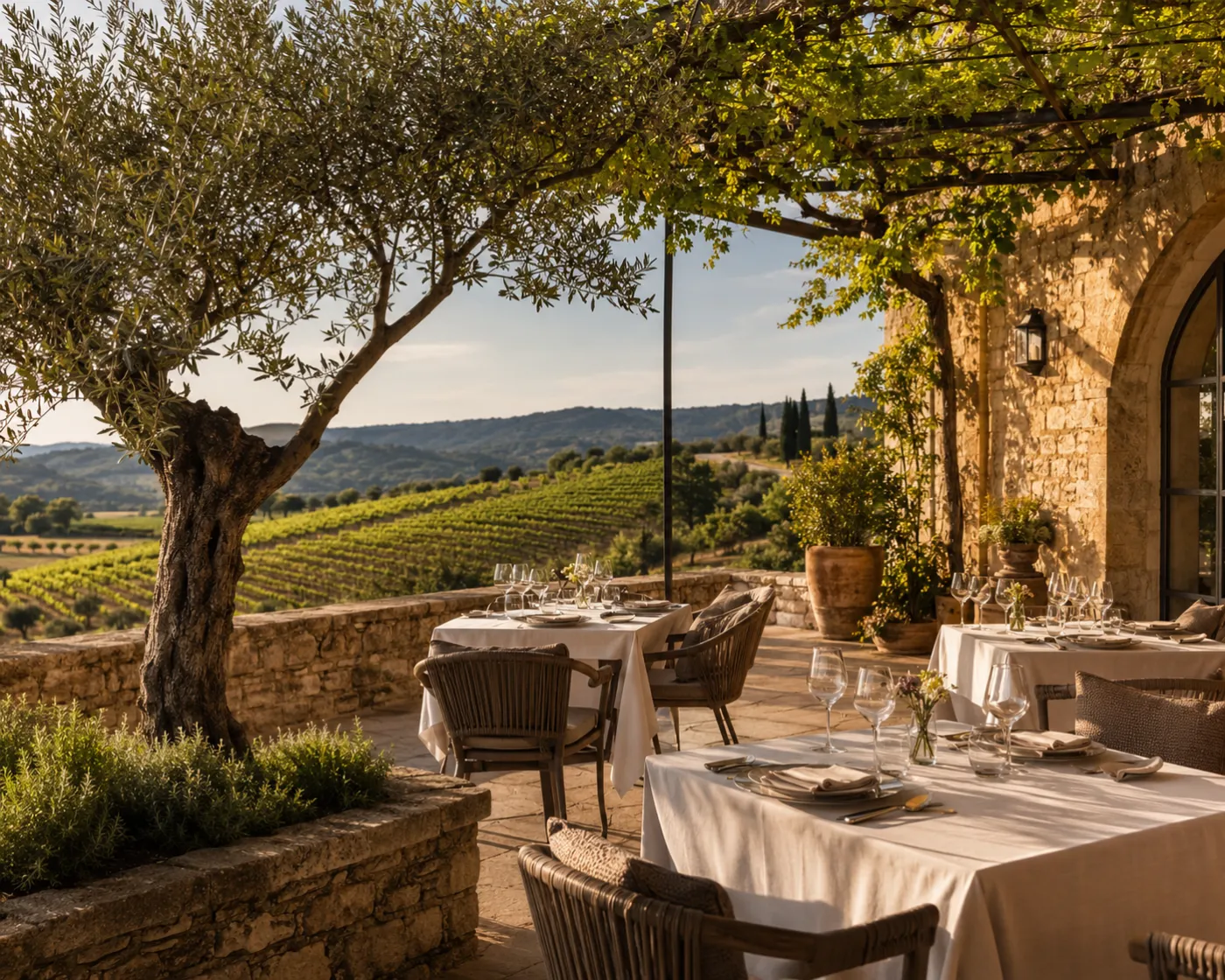 Terrasse de restaurant sous une pergola, face aux vignes