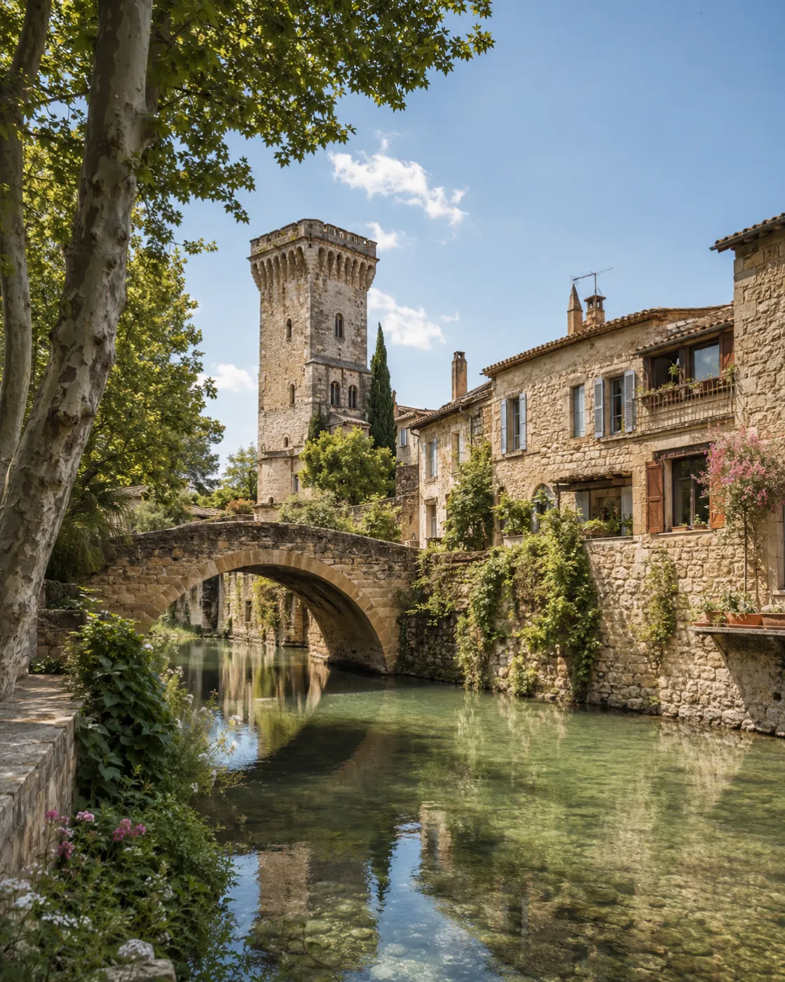 Village de pierre au bord d’une rivière, pont en arc